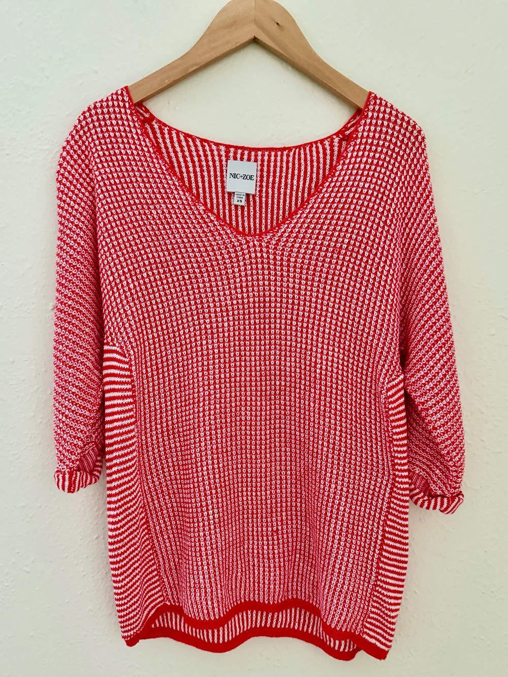 NIC+ZOE Red and White Striped V-Neck Knit Top
